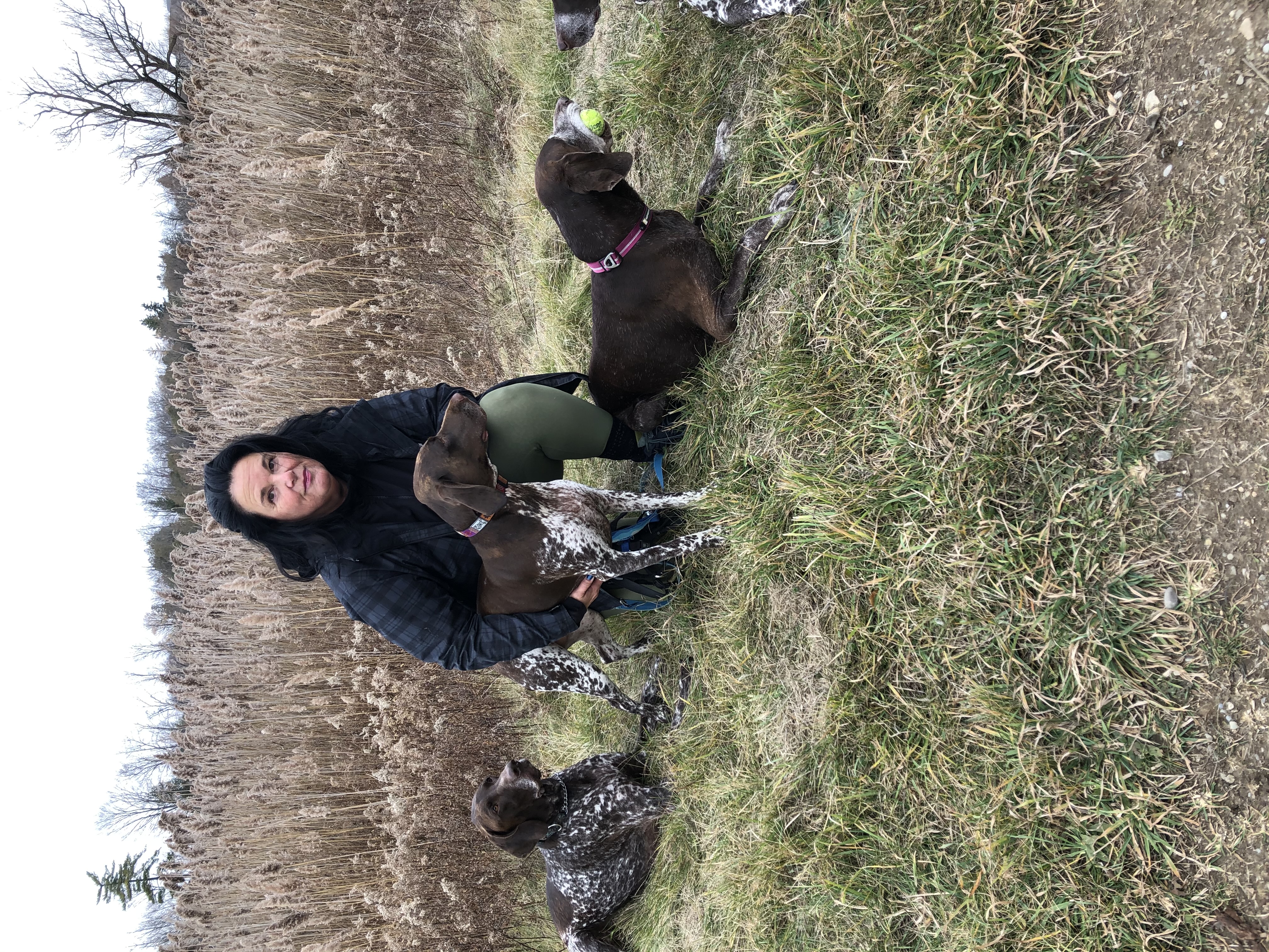 Lisa with dogs outdoors during training session